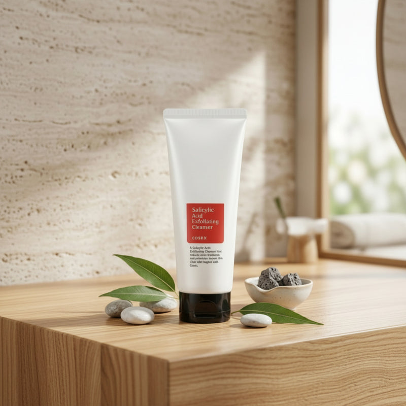 Cosrx Salicylic Acid Exfoliating Cleanser tube on a wooden surface with leaves and stones.