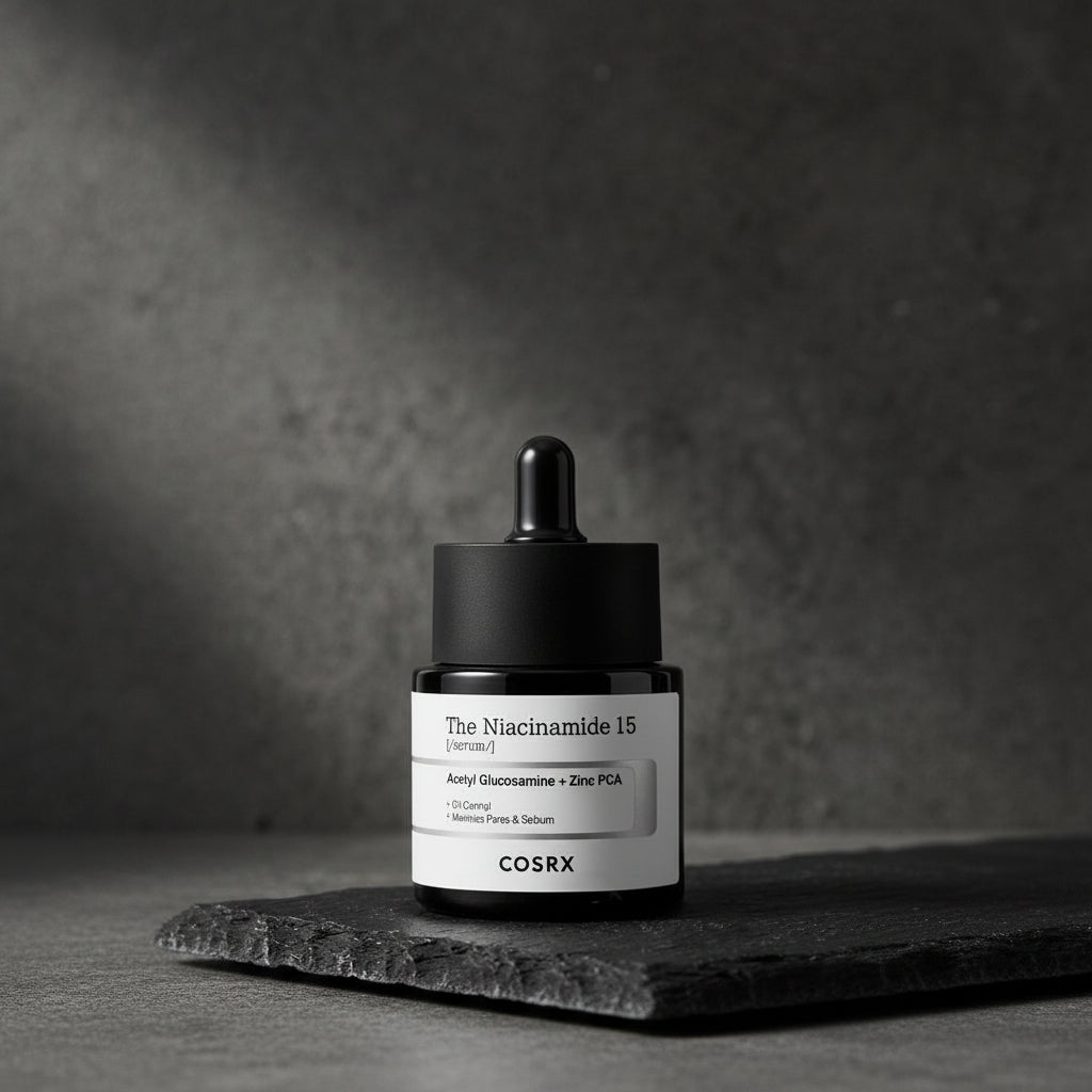 Cosrx skincare serum bottle with dropper on a dark background